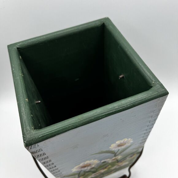 Vtg 90s Wood Flower Bucket Planter Daisy Pansies 11" Hand Painted Blue Green - Picture 3 of 7